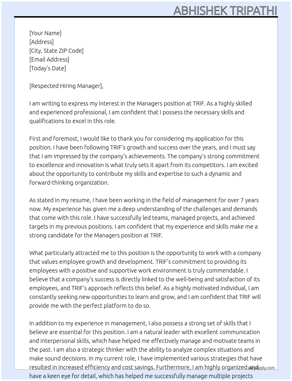 Managers  At TRIF Cover Letter