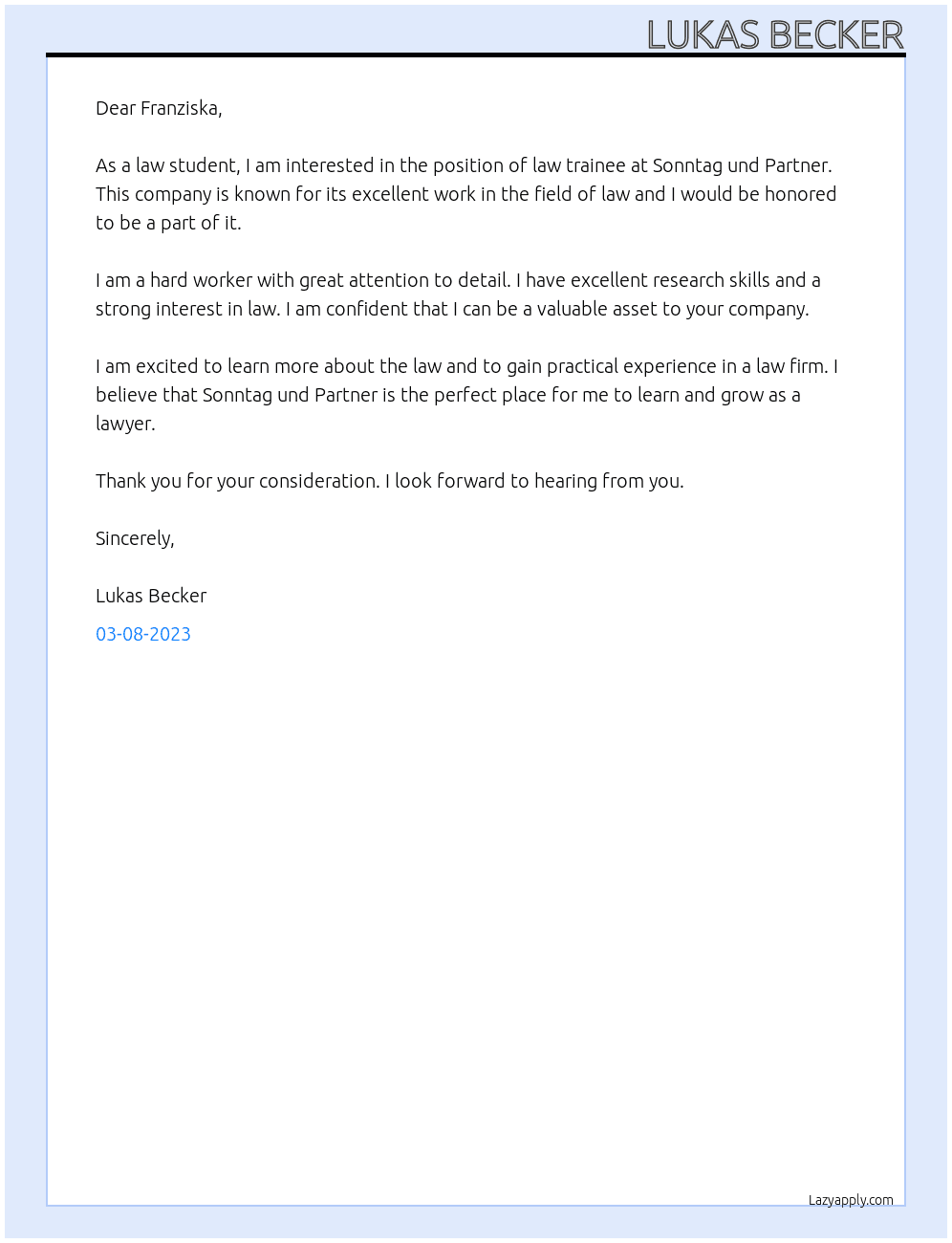 Law trainee At Sonntag und Partner Cover Letter