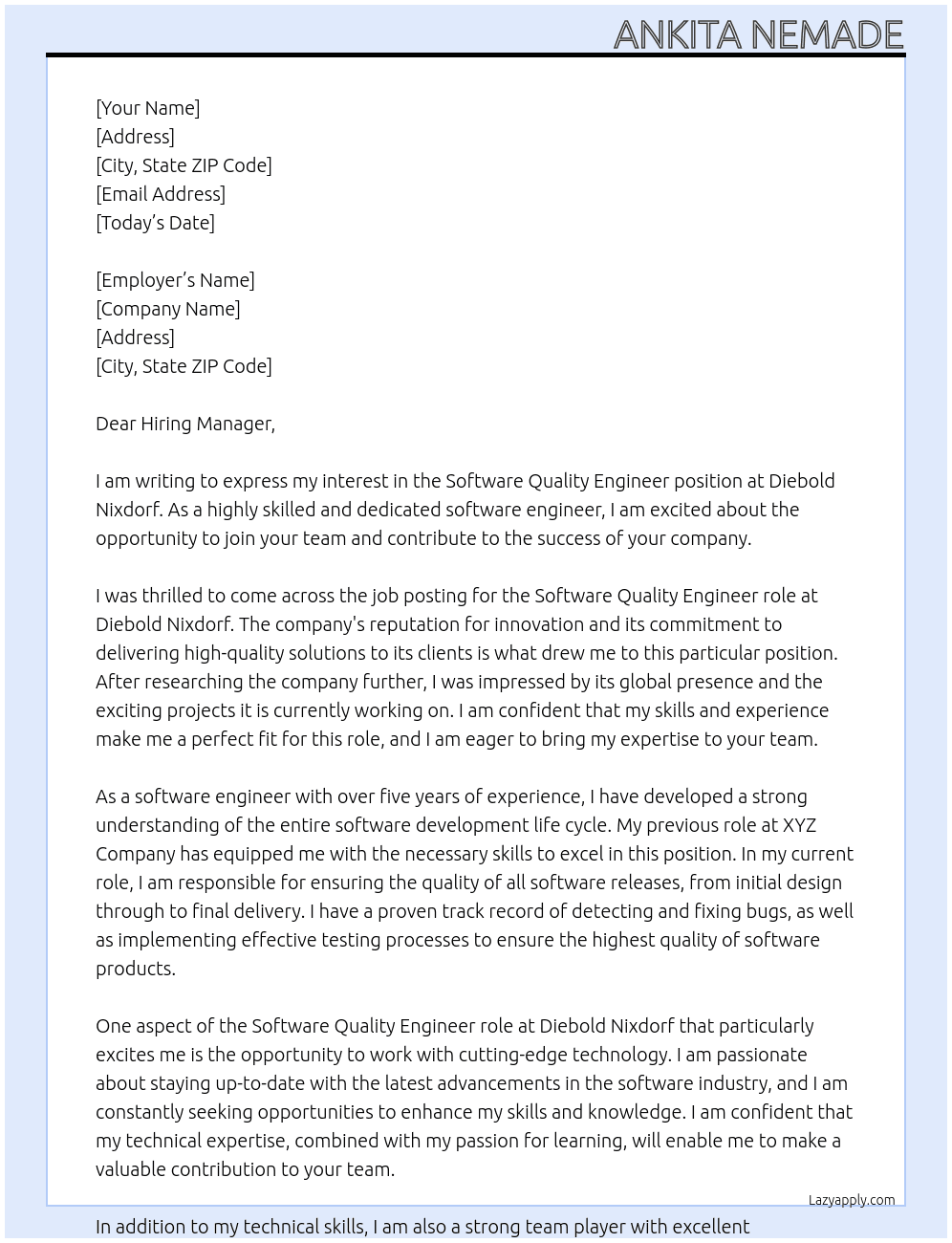 Software Quality Engineer  At Diebold Nixdorf Cover Letter