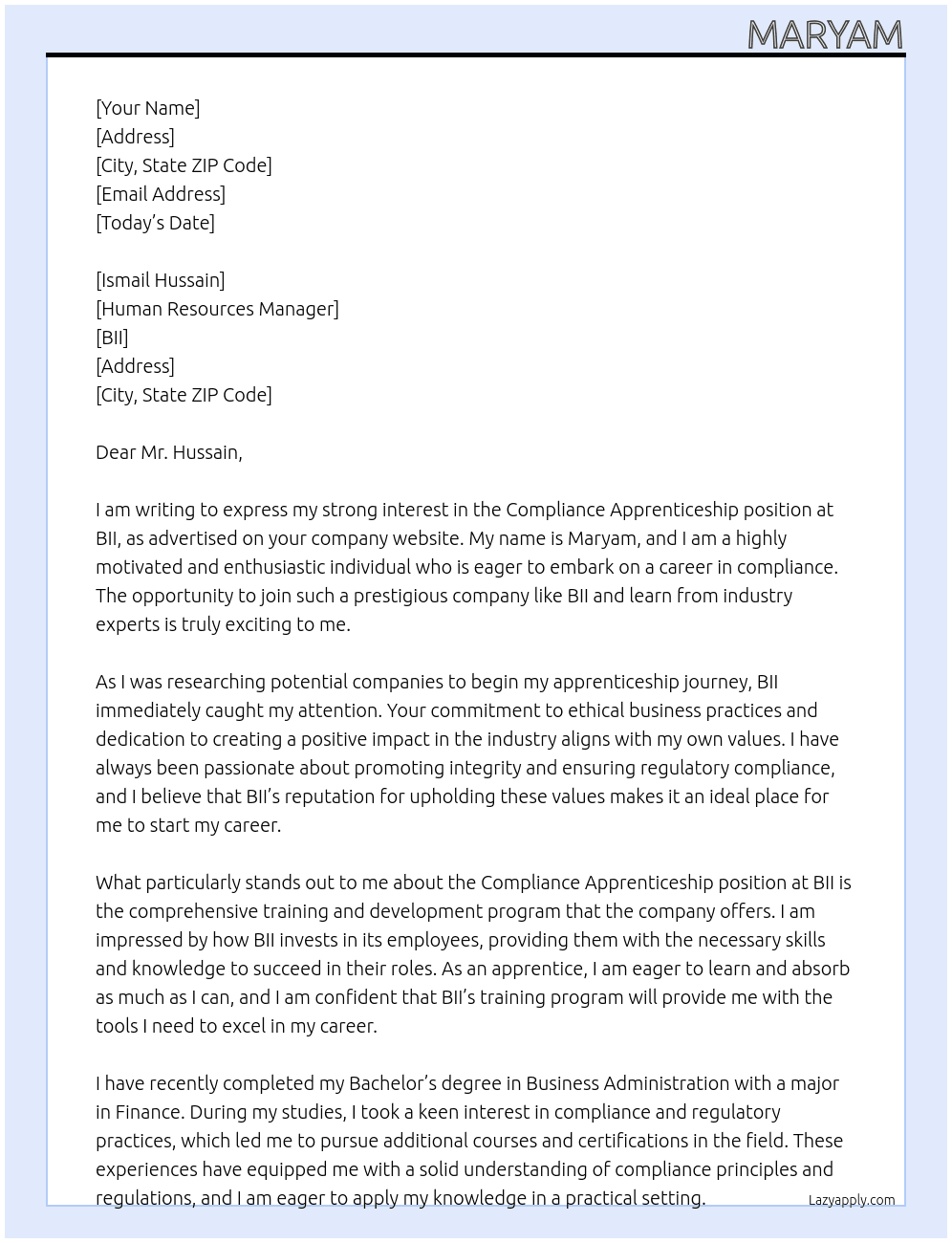 compliance apprenticeship At BII Cover Letter