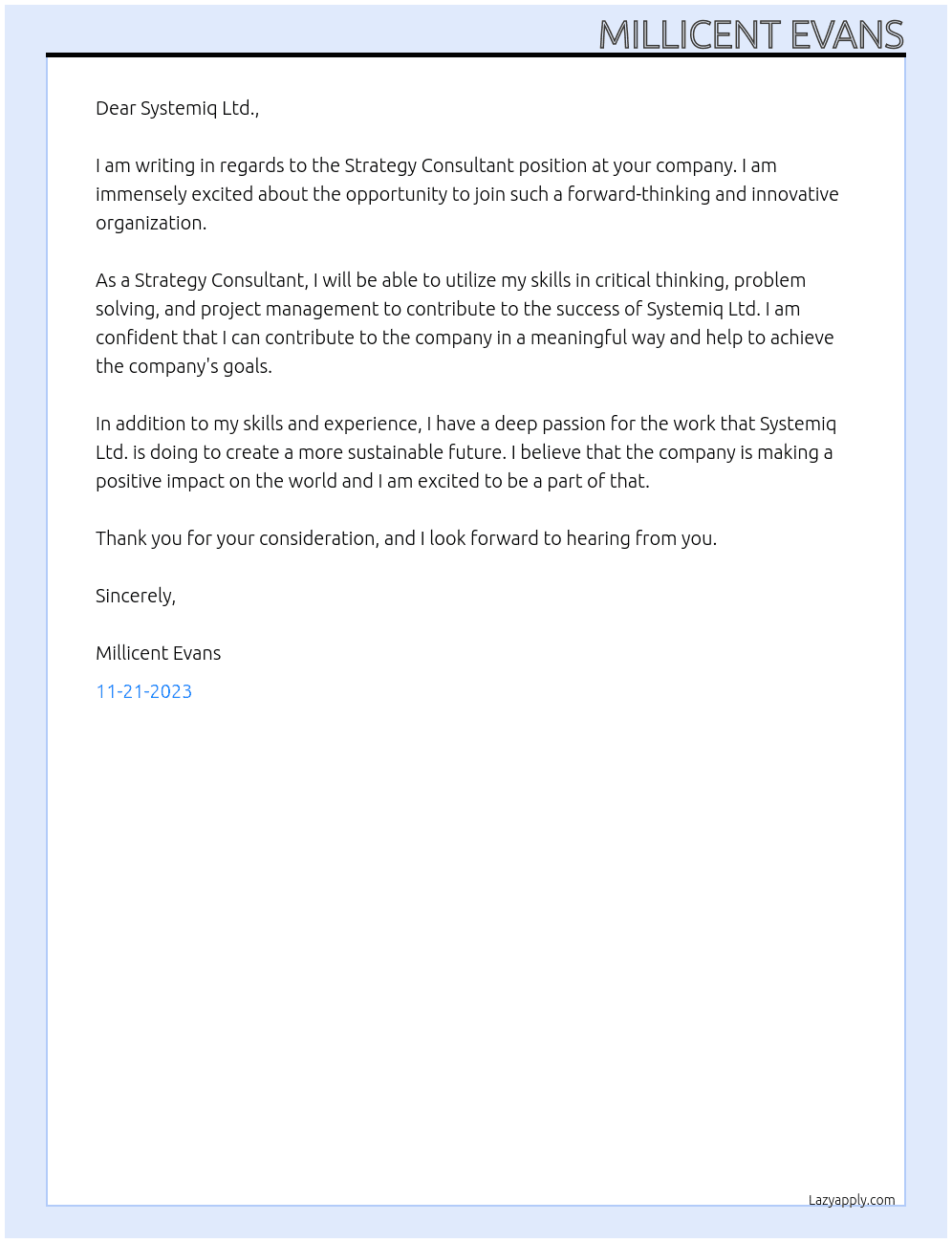Strategy Consultant At Systemiq Ltd. Cover Letter