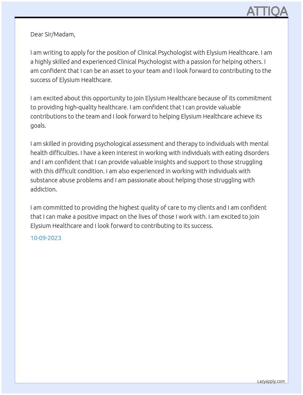 Clinical Psychologist At Jobrapido for Elysium Healthcare Cover Letter