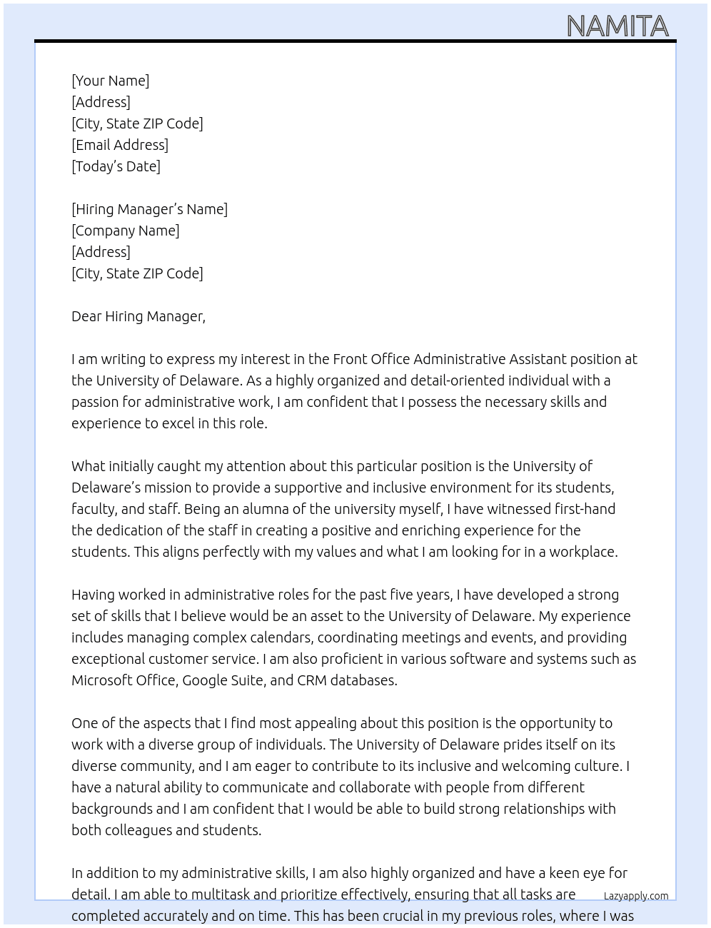 Front Office Administrative Assistant  At University of Delaware  Cover Letter