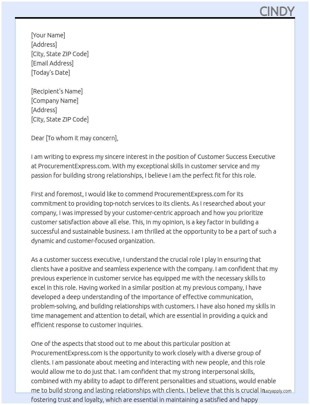 Customer Success Executive  At ProcurementExpress.com Cover Letter
