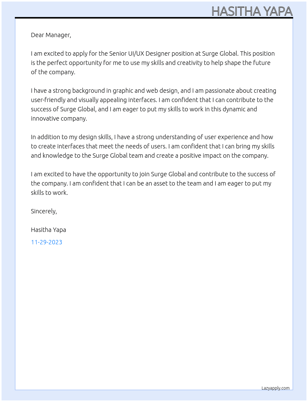 Senior UI/UX Designer At Surge Global Cover Letter