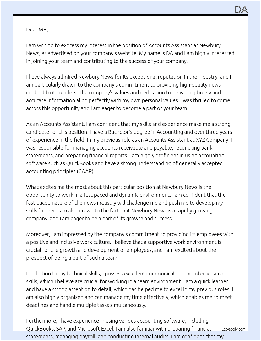 Accounts Assistant At Newbury News Cover Letter