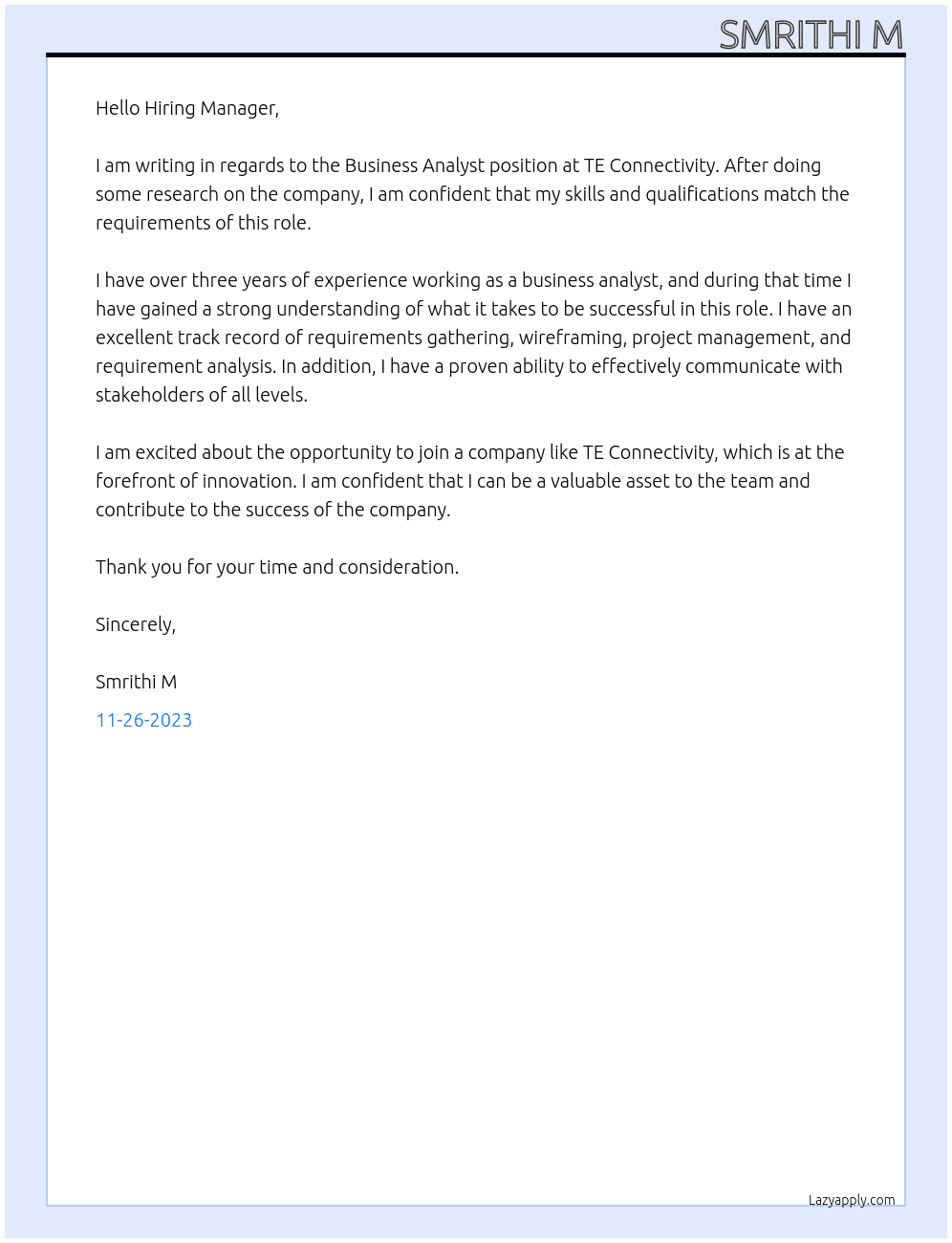Business Analyst At TE Connectivity Cover Letter