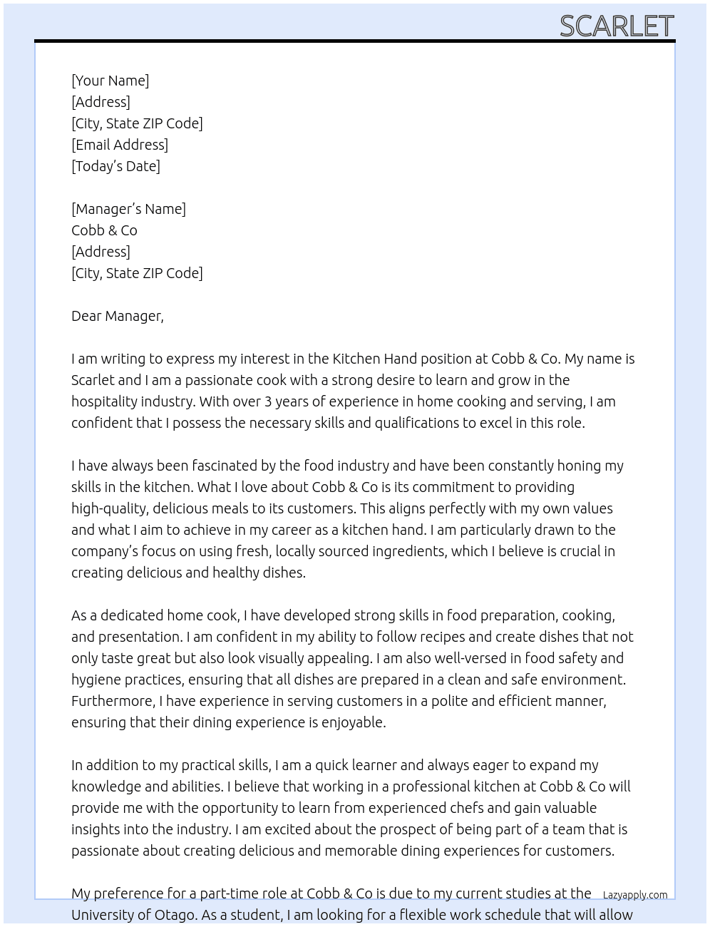 Kitchen Hand At Cobb & Co Cover Letter