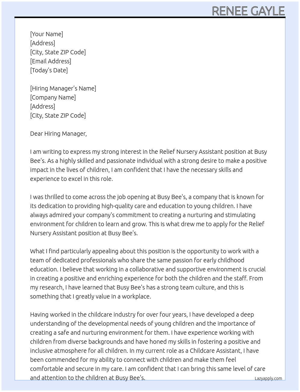 Relief Nursery Assistant At Busy Bee's Cover Letter