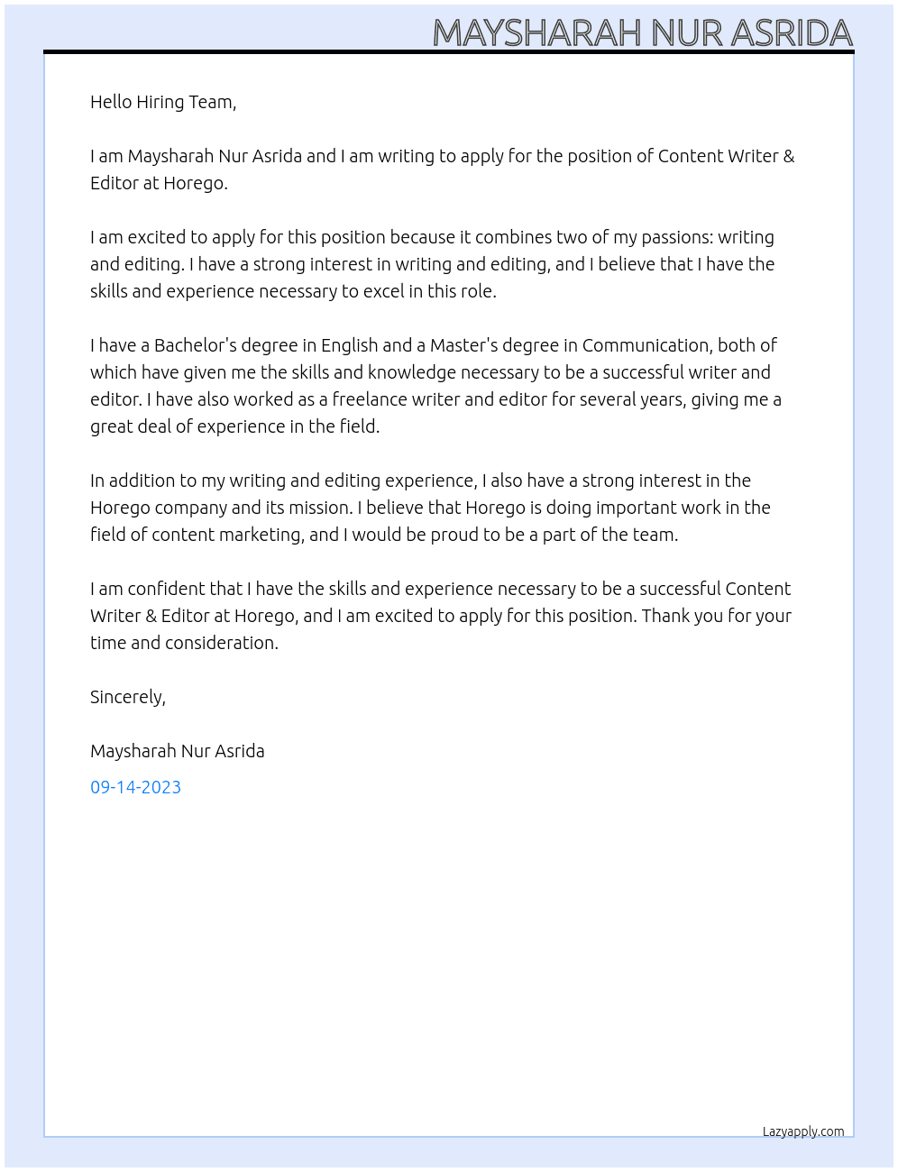 Content Writer & Editor At Horego Cover Letter