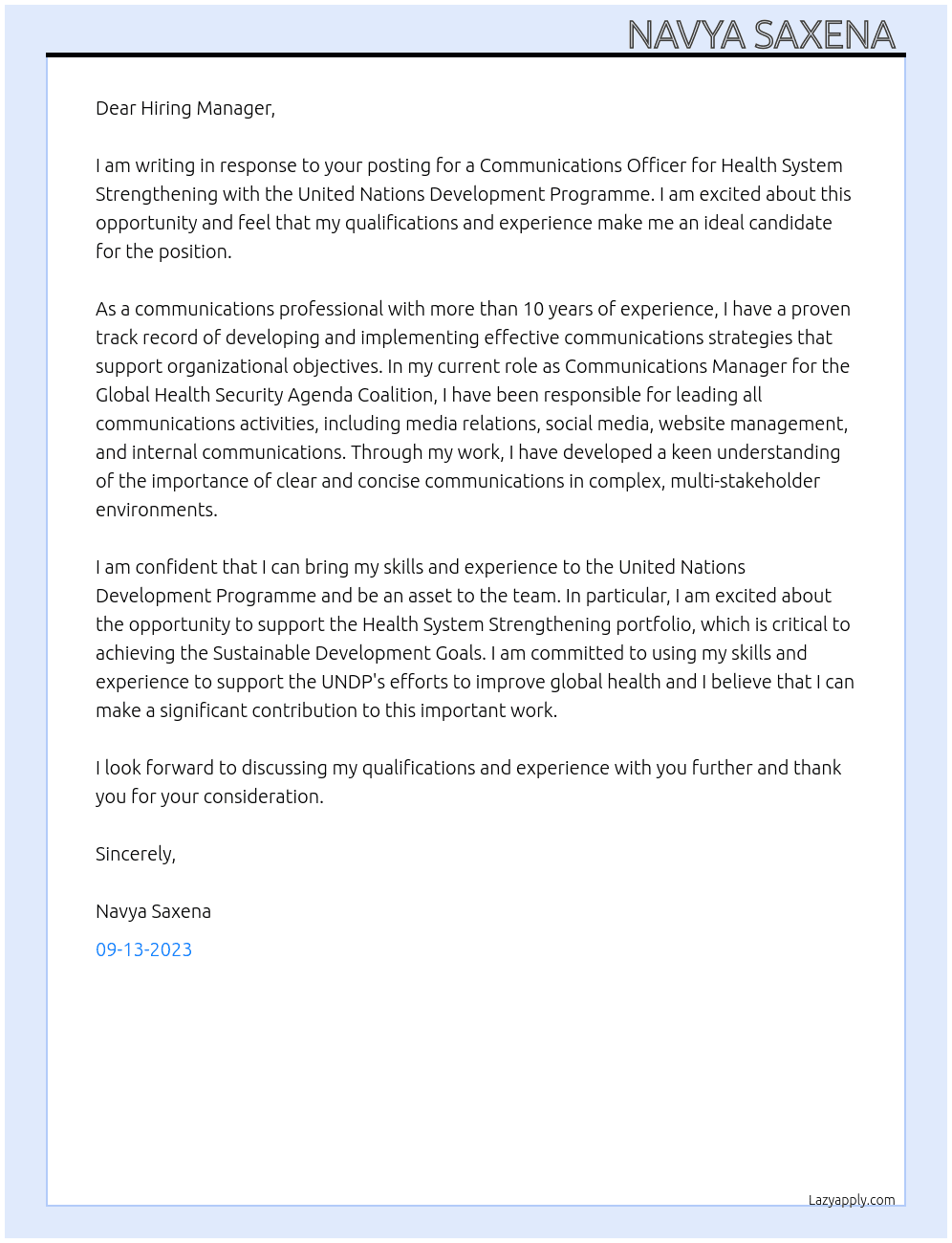 Communications Officer, Health System Strengthening At United Nations Development Programme Cover Letter