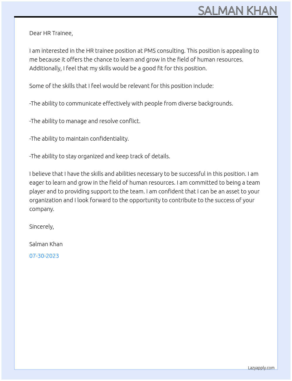 HR  trainee At PMS consulting  Cover Letter
