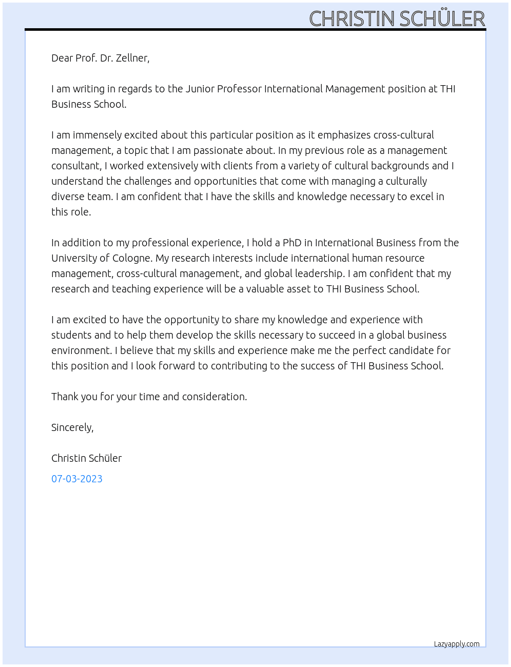 Junior ProfessorInternational Management At THI Business School Cover Letter