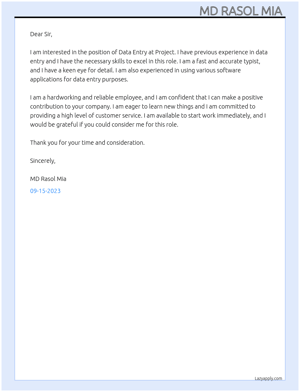 Data entry  At Project  Cover Letter