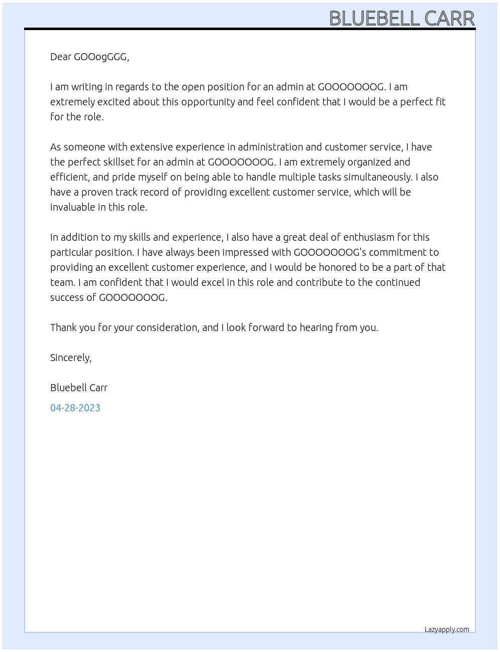 admin At GOOOOOOOG Cover Letter