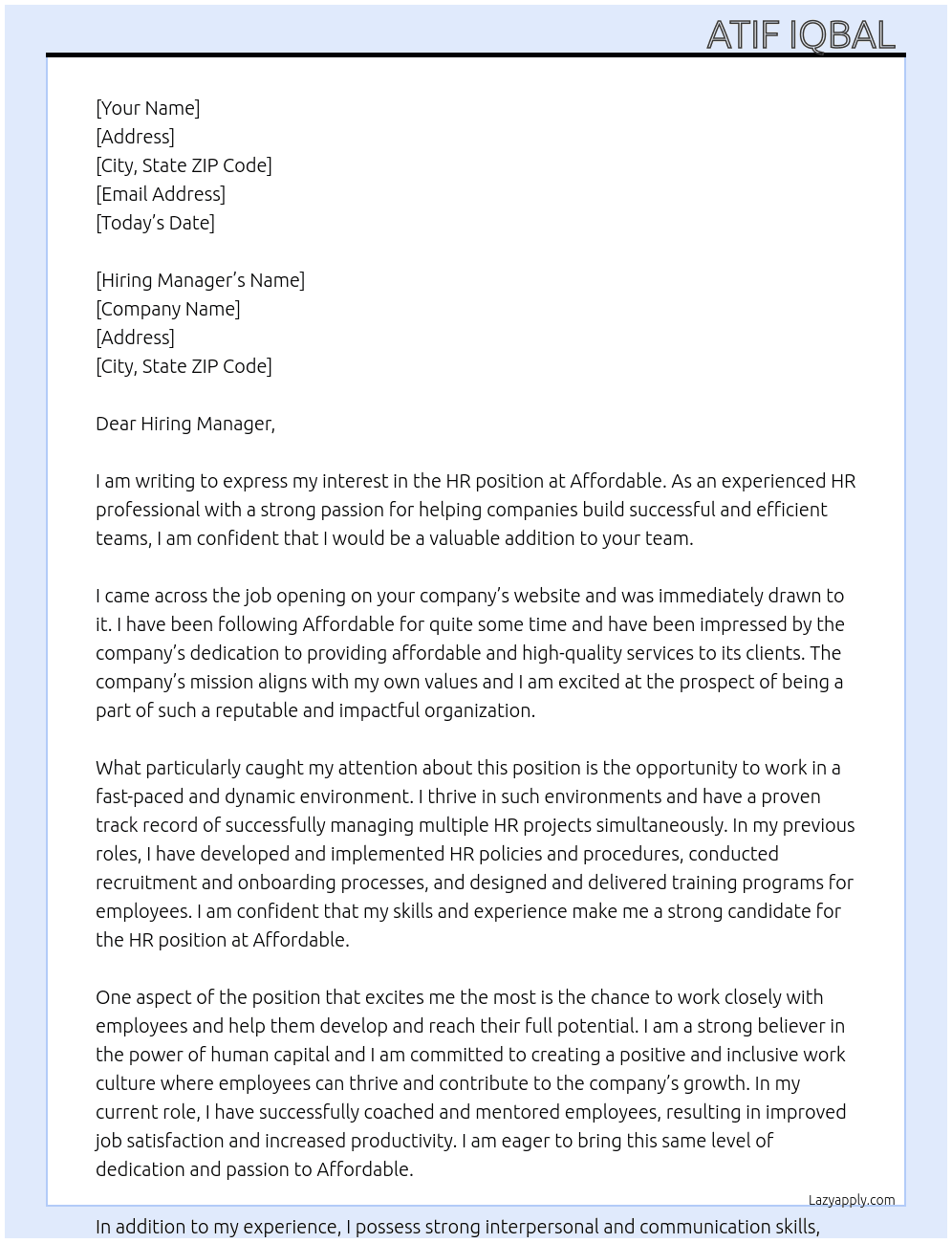 HR  At Affordable  Cover Letter