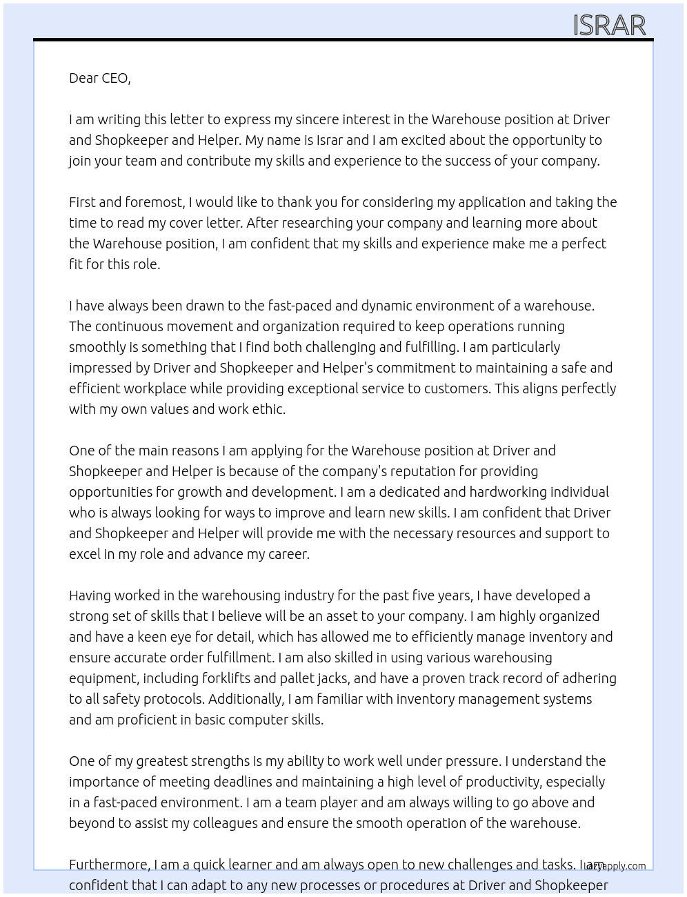 Warehouse  At Driver and shopkeeper and helper  Cover Letter