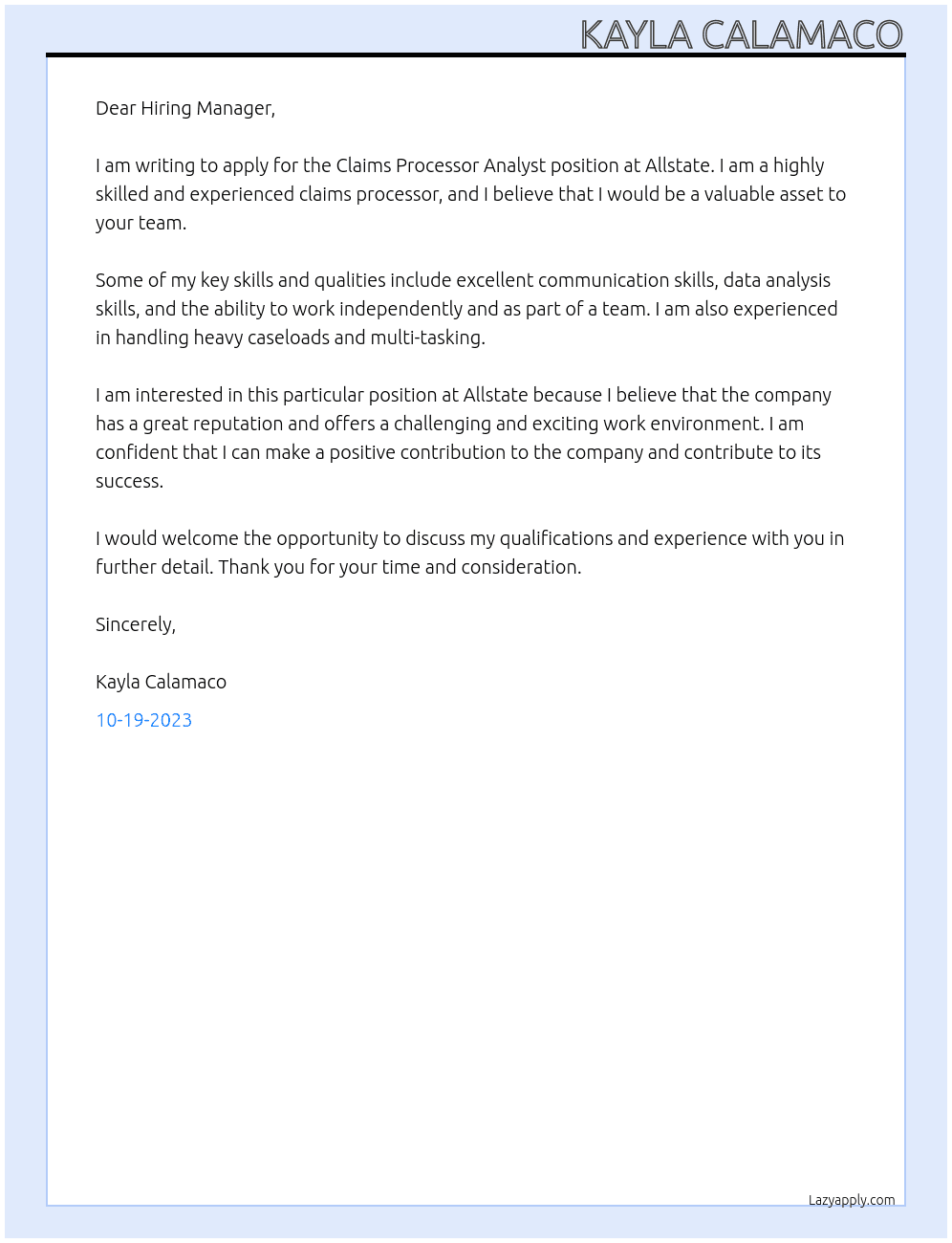Claims Processor Analyst At Allstate Cover Letter