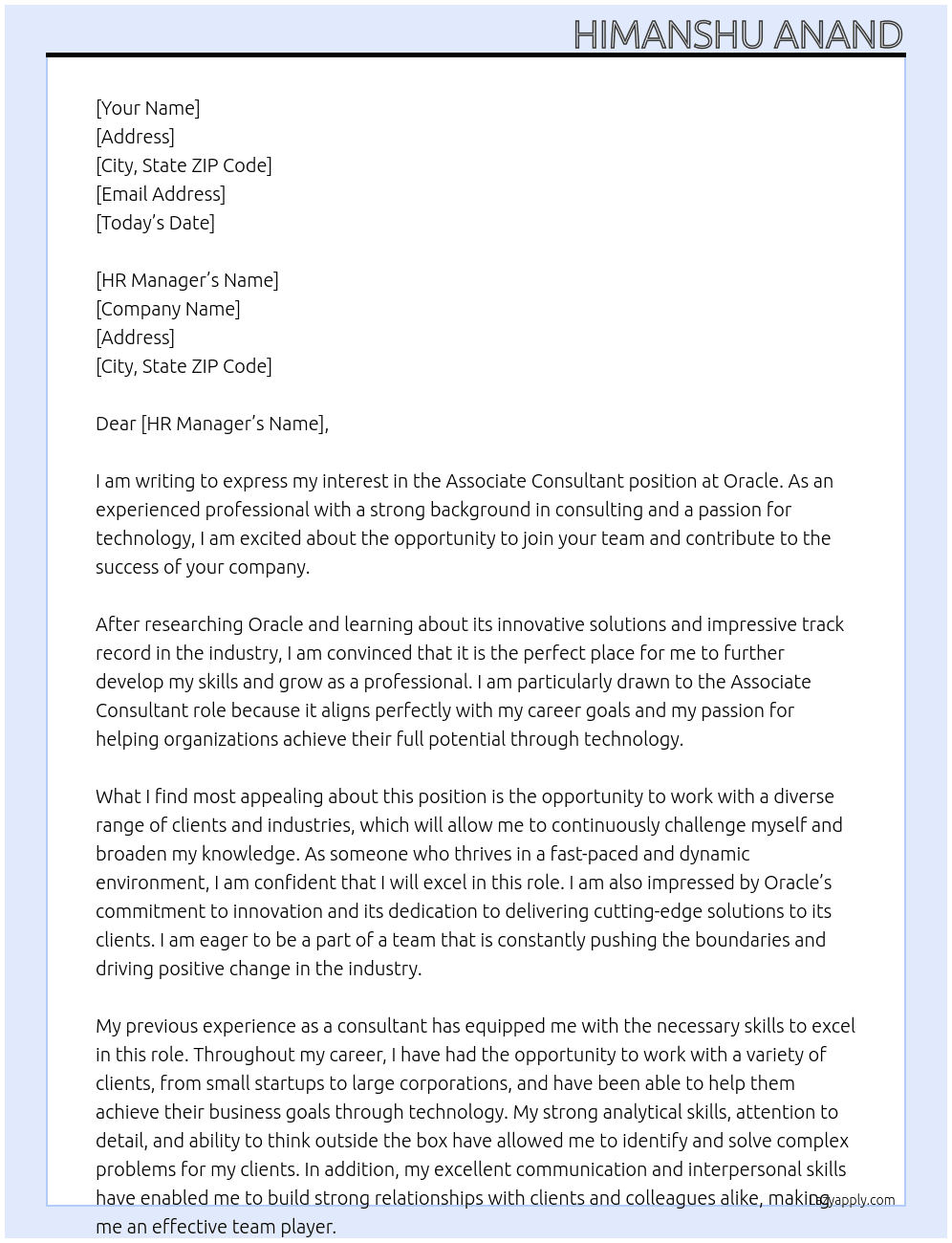 Associate Consultant At oracle Cover Letter