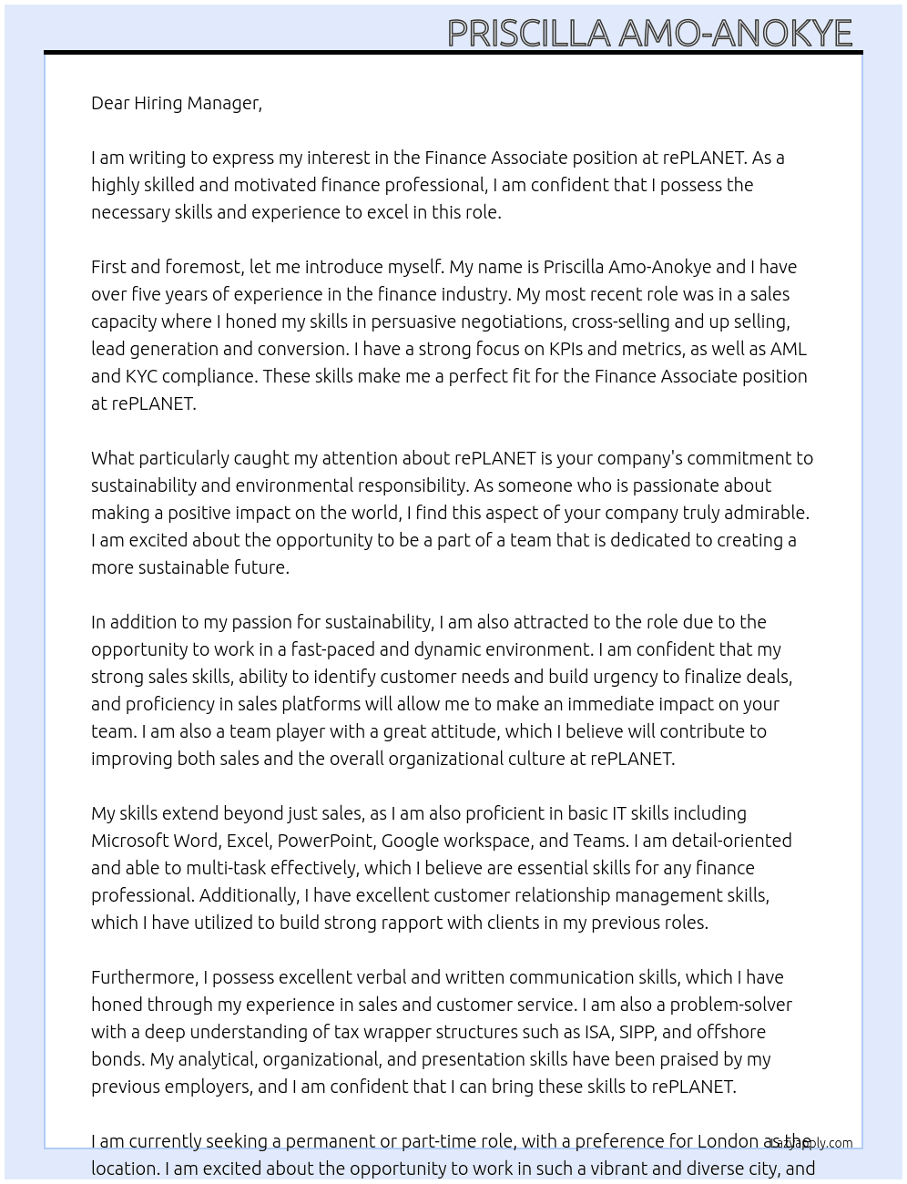 Finance Associate  At rePLANET Cover Letter