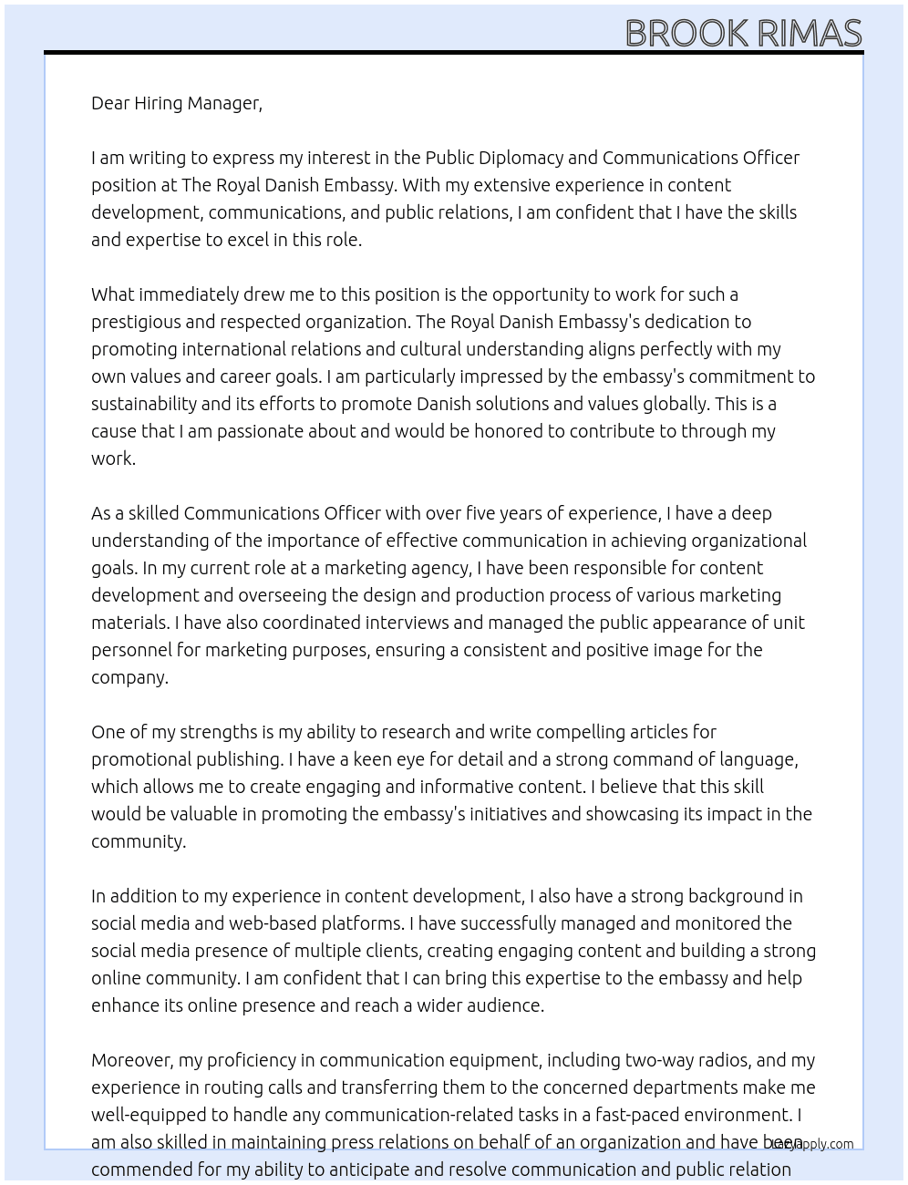 Public Diplomacy And Communications Officer At The Royal Danish Embassy Cover Letter