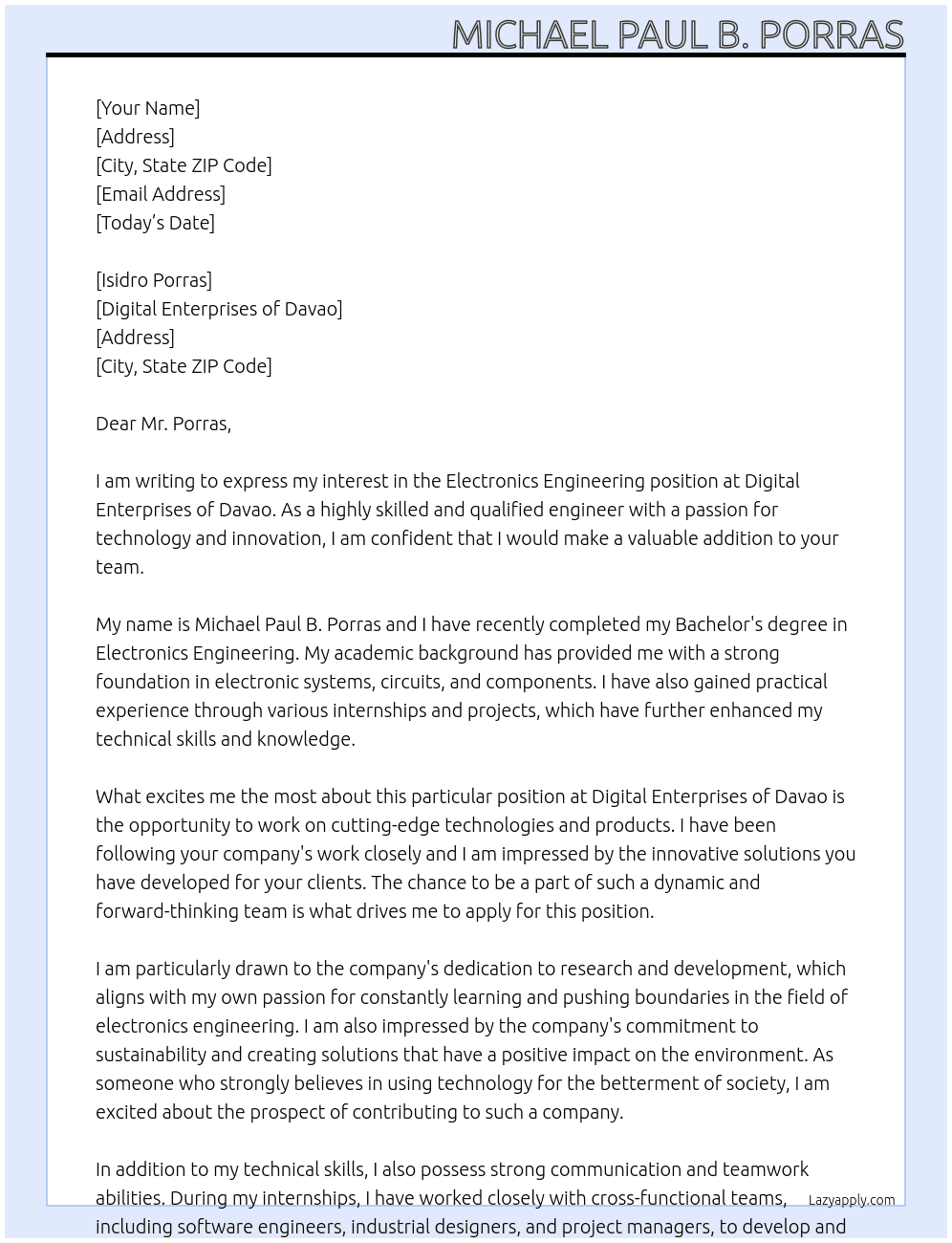 Electronics Engineering At Digital Enterprises of Davao Cover Letter