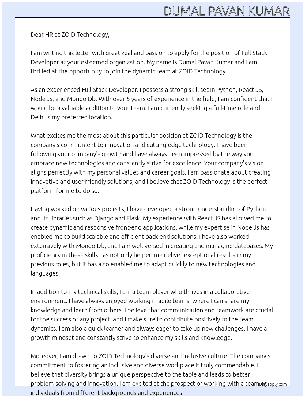 FULL STACK DEVELOPER At ZOID technology Cover Letter