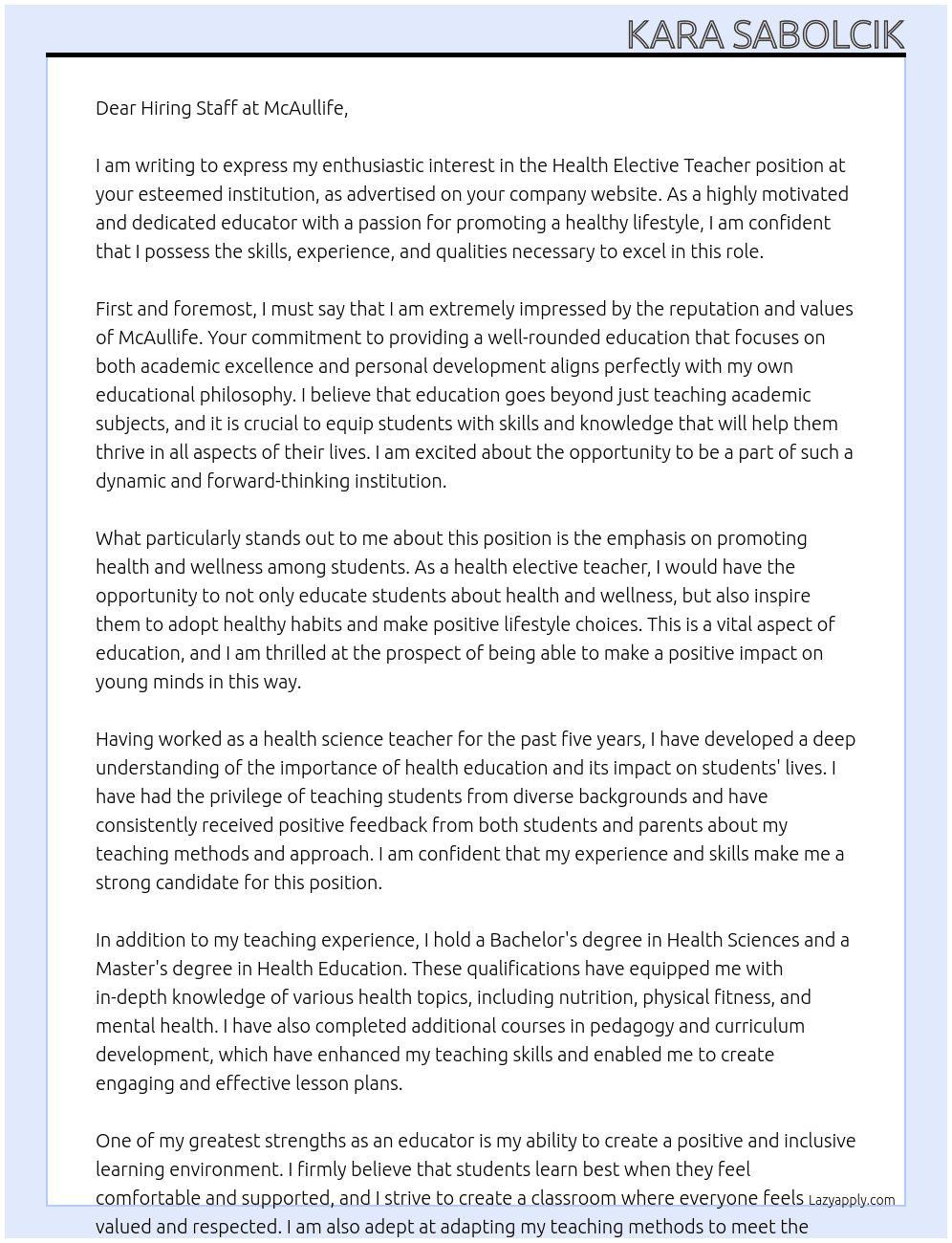 Health Elective teacher  At McAullife Cover Letter