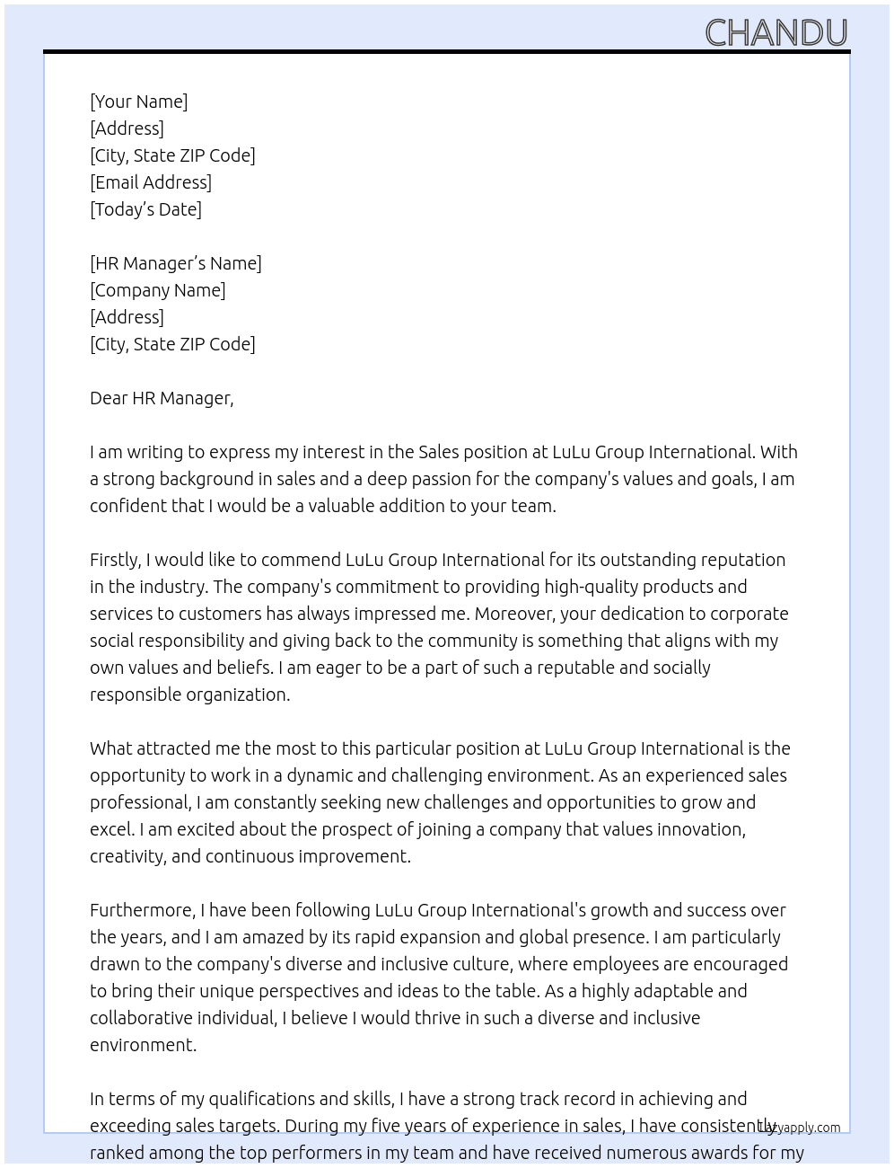 Sales At LuLu Group International Cover Letter