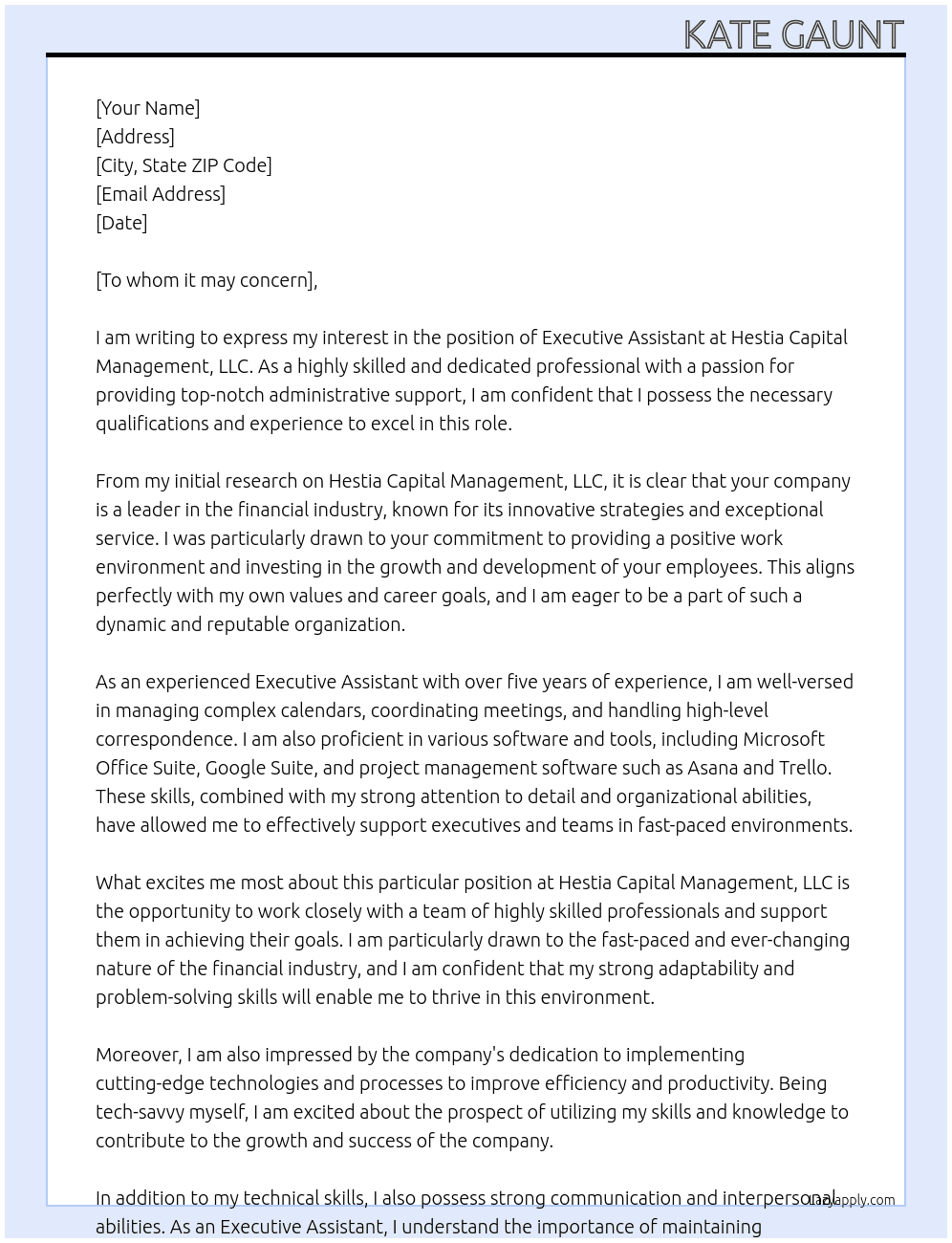 Executive Assistant At Hestia Capital Management, LLC Cover Letter