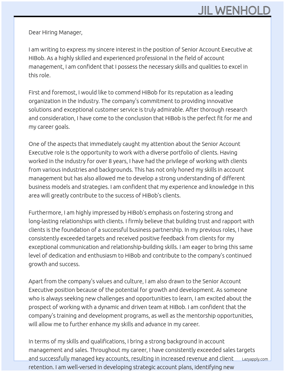 Senior Account Executive At HiBob Cover Letter