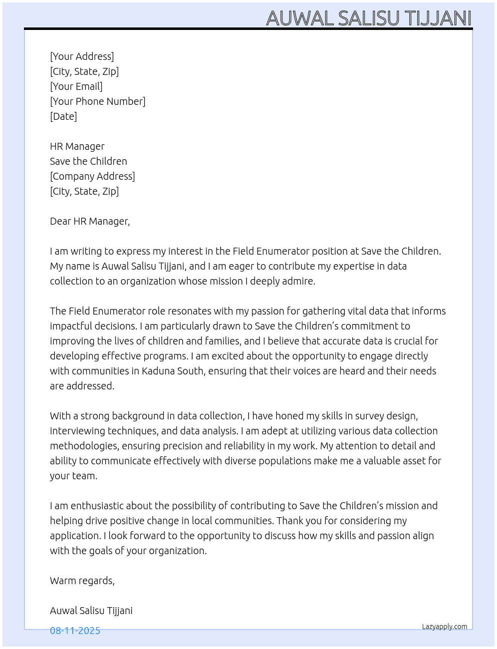 Field enumerator At Save the children Cover Letter