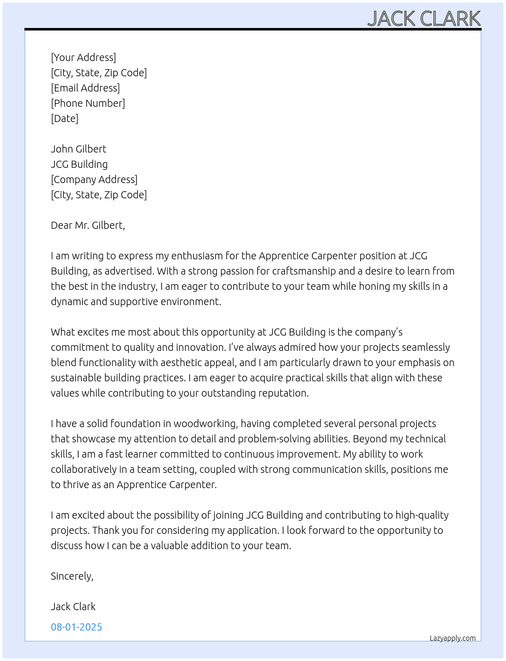 Apprentice Carpenter At JCG Building Cover Letter