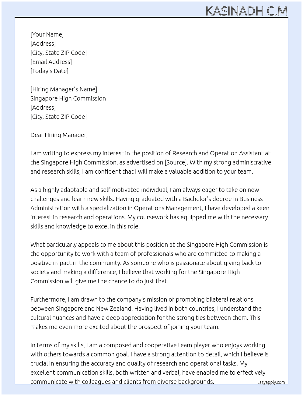 Research and operation assistant At Singapore High commission  Cover Letter