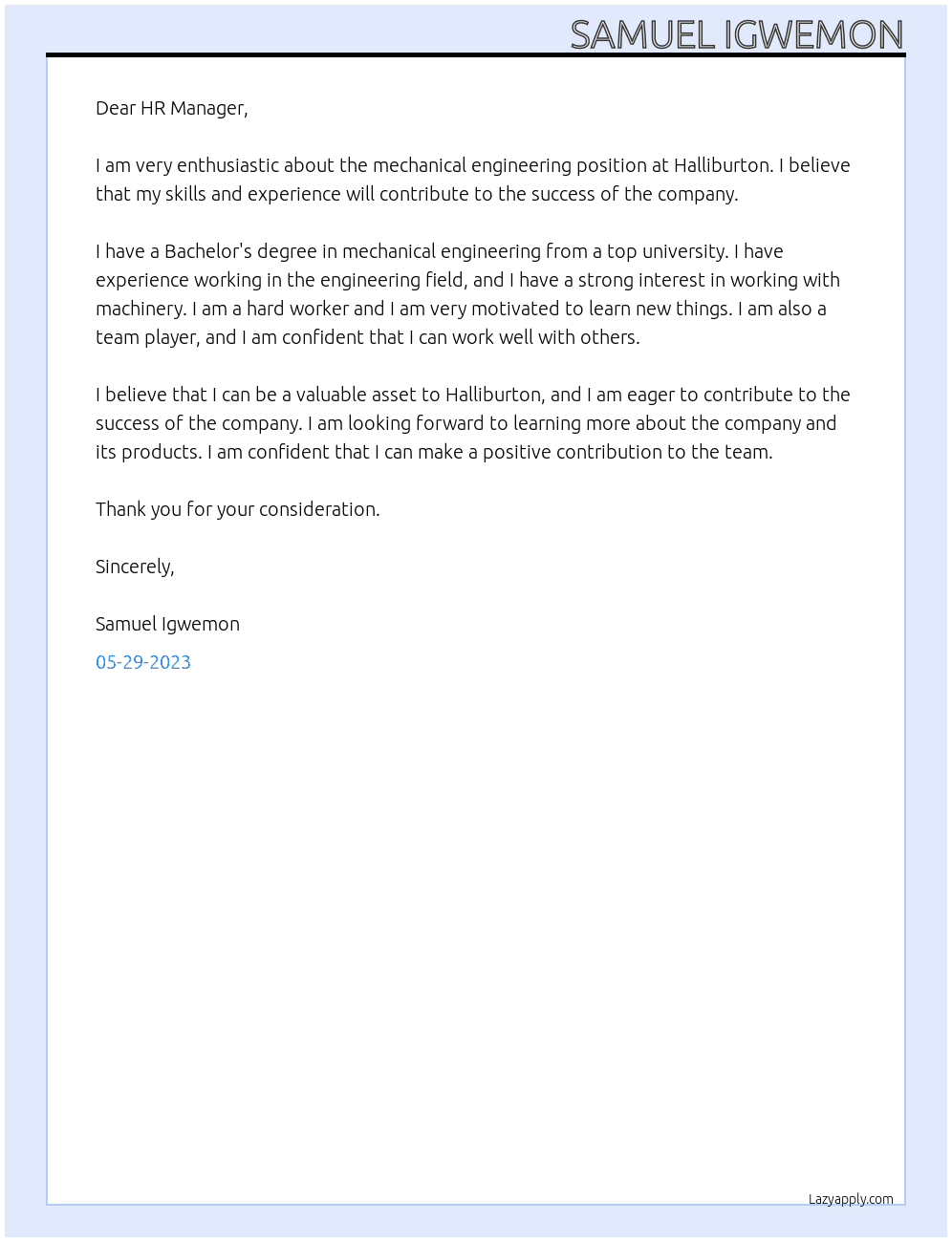 Mechanical engineering At Halliburton Cover Letter