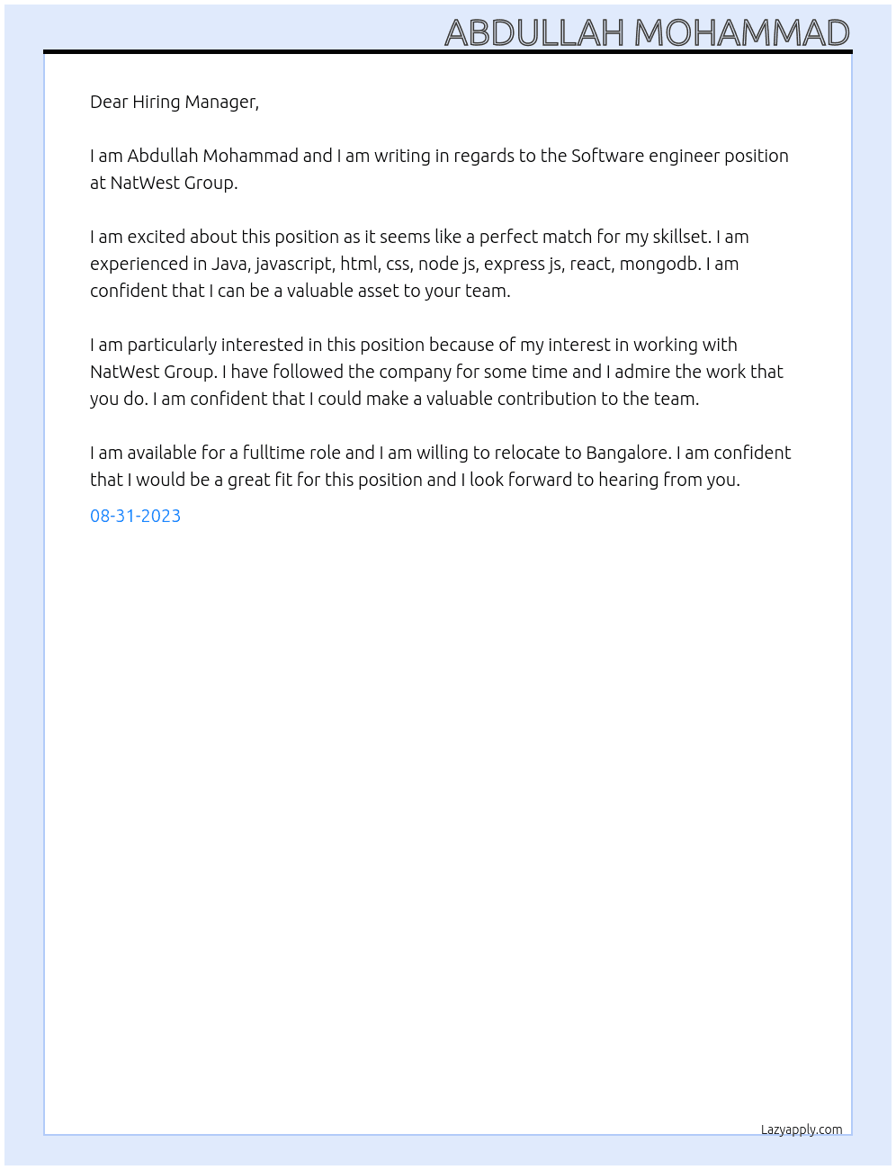 Software engineer  At NatWest Group  Cover Letter