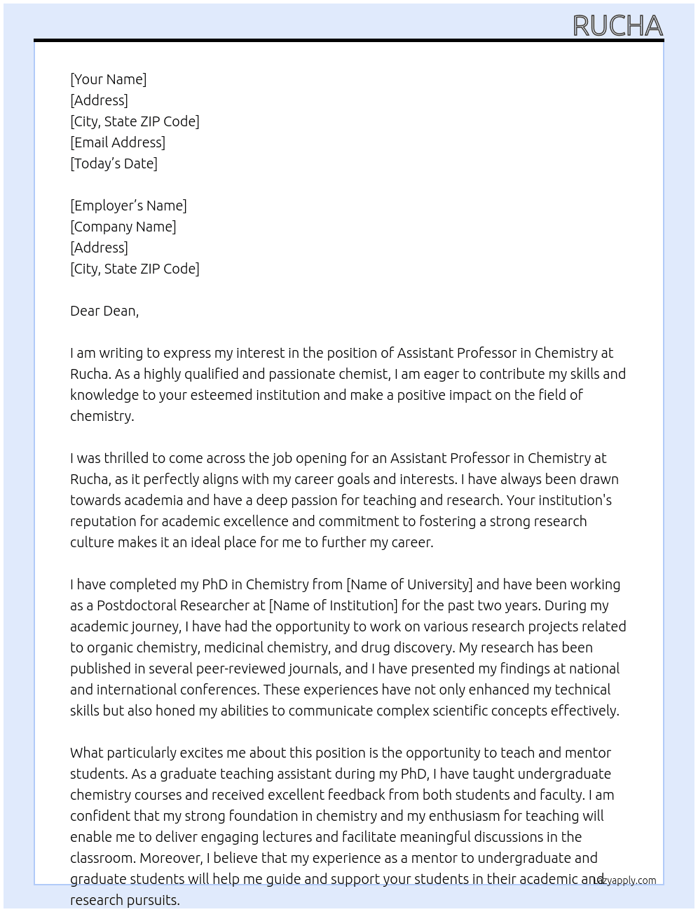 Assistant Professor in Chemistry At Rucha Cover Letter