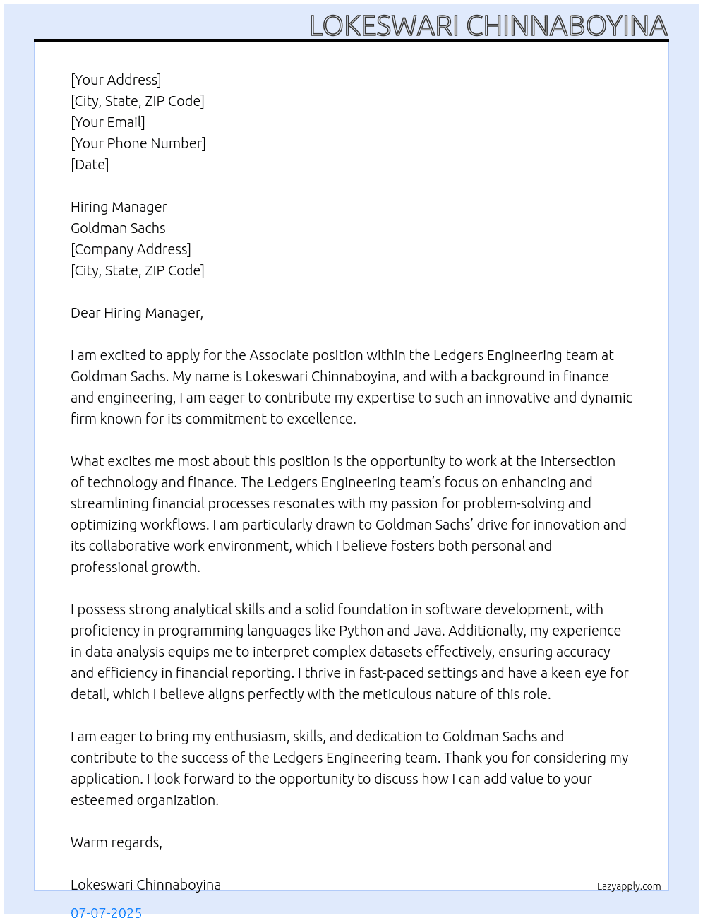 Cover letter for associate position within the ledgers engineering - LazyApply