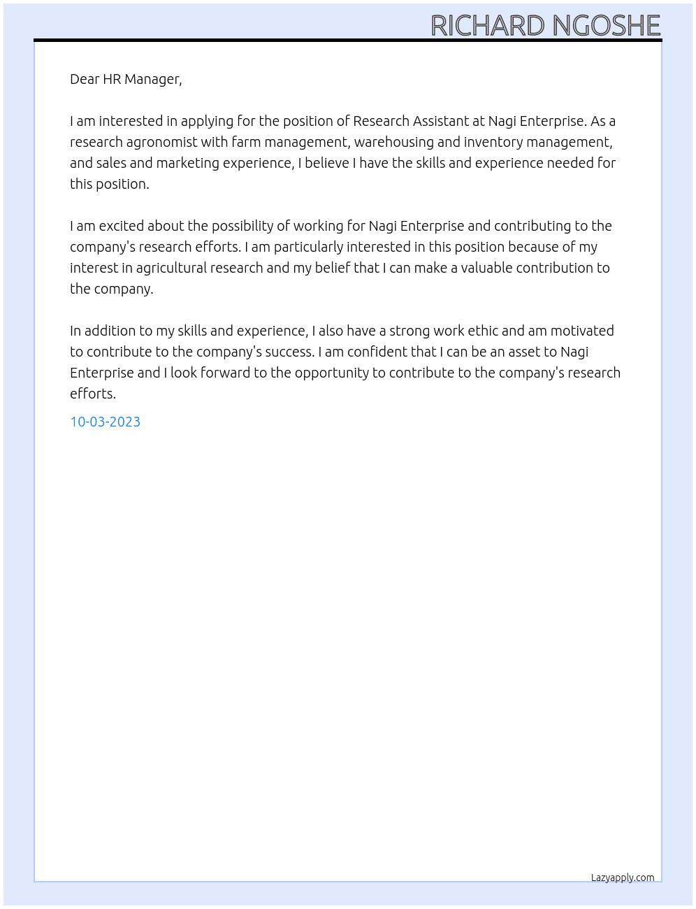 Research Assistant At Nagi Enterprise Cover Letter