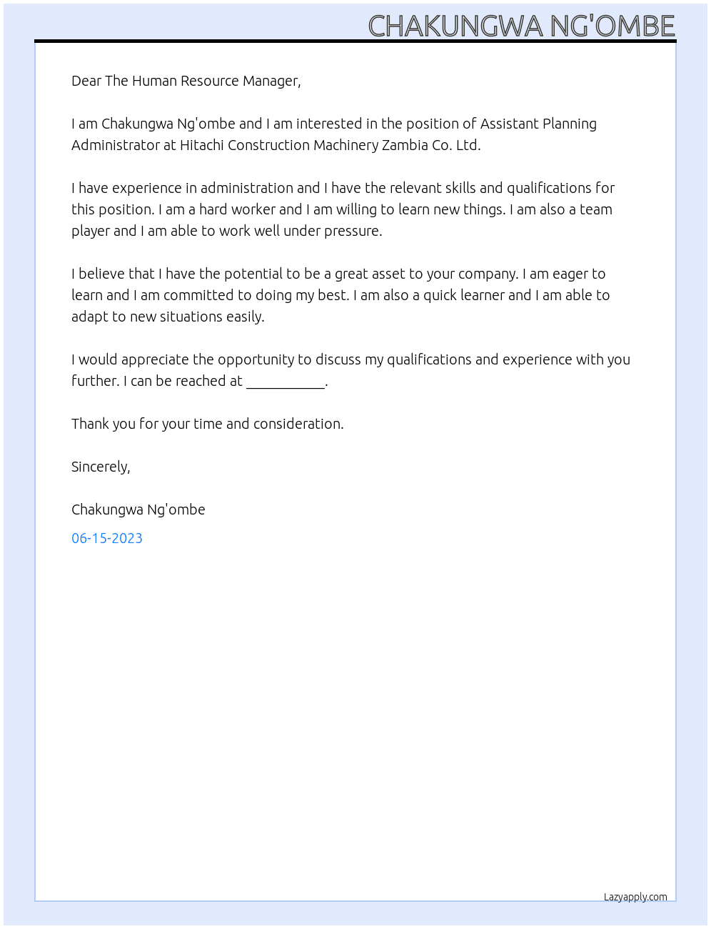 Assistant Planning Administrator At Hitachi Construction Machinery Zambia Co. Ltd. Cover Letter