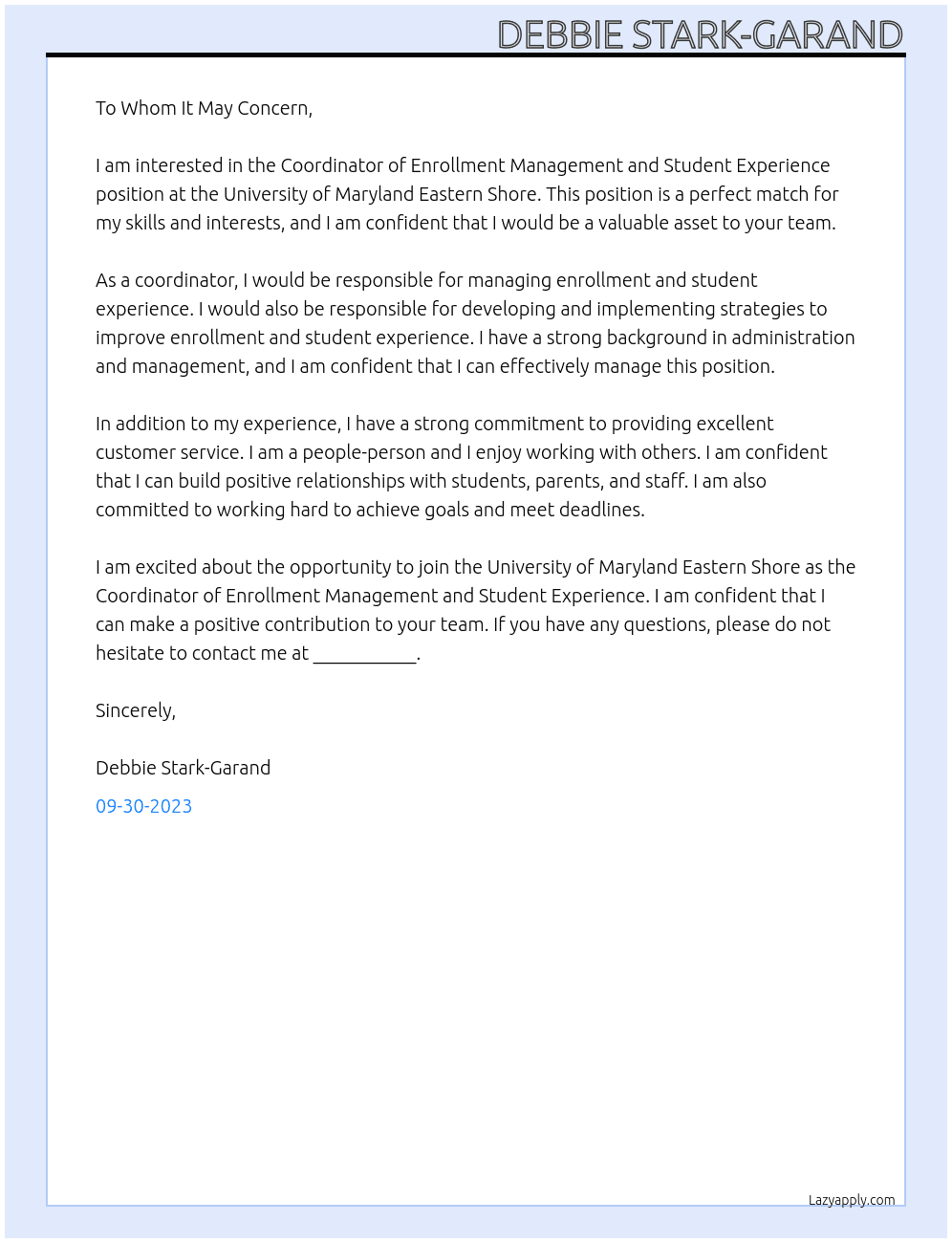 Coordinator of Enrollment Management and Student Experience At University of Maryland Eastern Shore Cover Letter