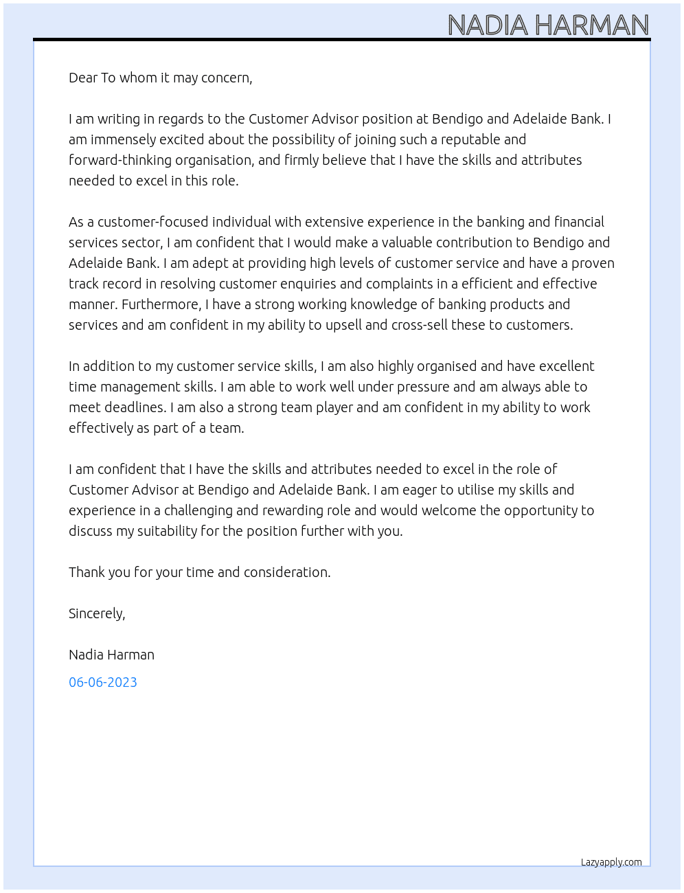 Customer Advisor At Bendigo and Adelaide Bank Cover Letter
