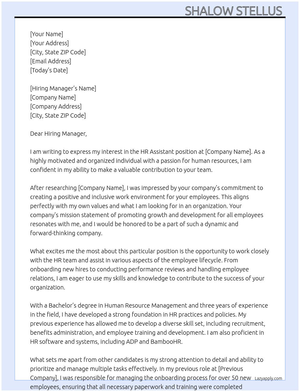 HR ASSISTANT  At .. Cover Letter