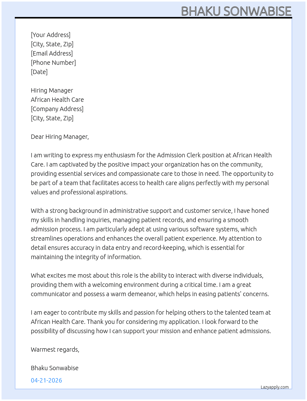Admission Clerk At African Health Care Cover Letter