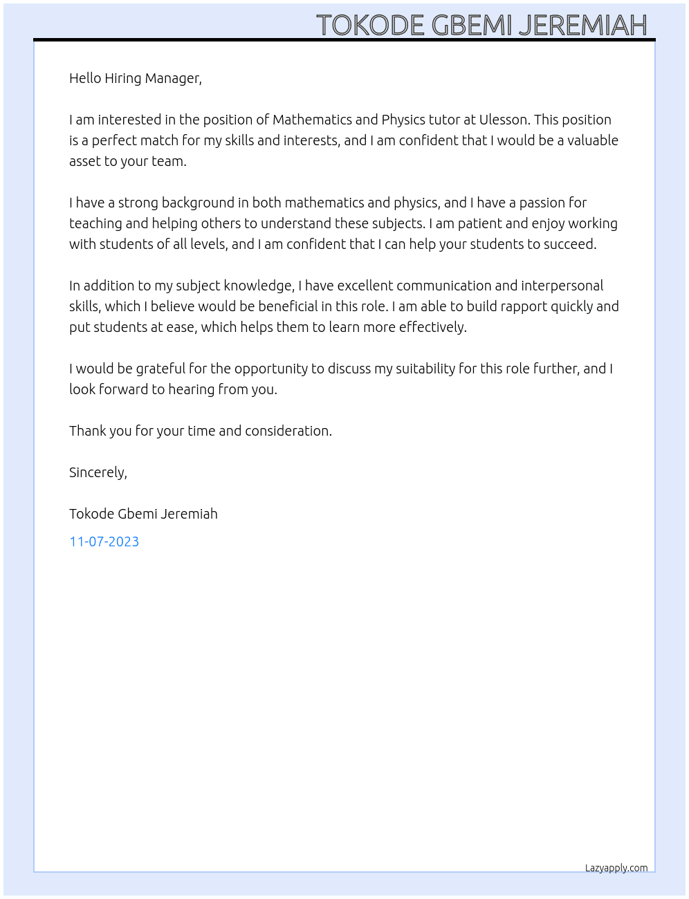 Mathematics and physics tutor At Ulesson  Cover Letter
