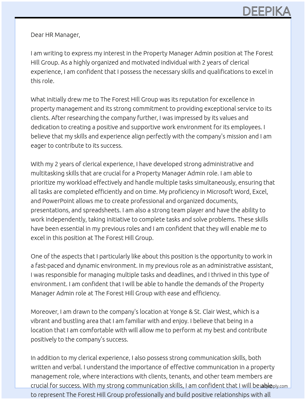 Property Manager Admin At The Forest Hill Group Cover Letter