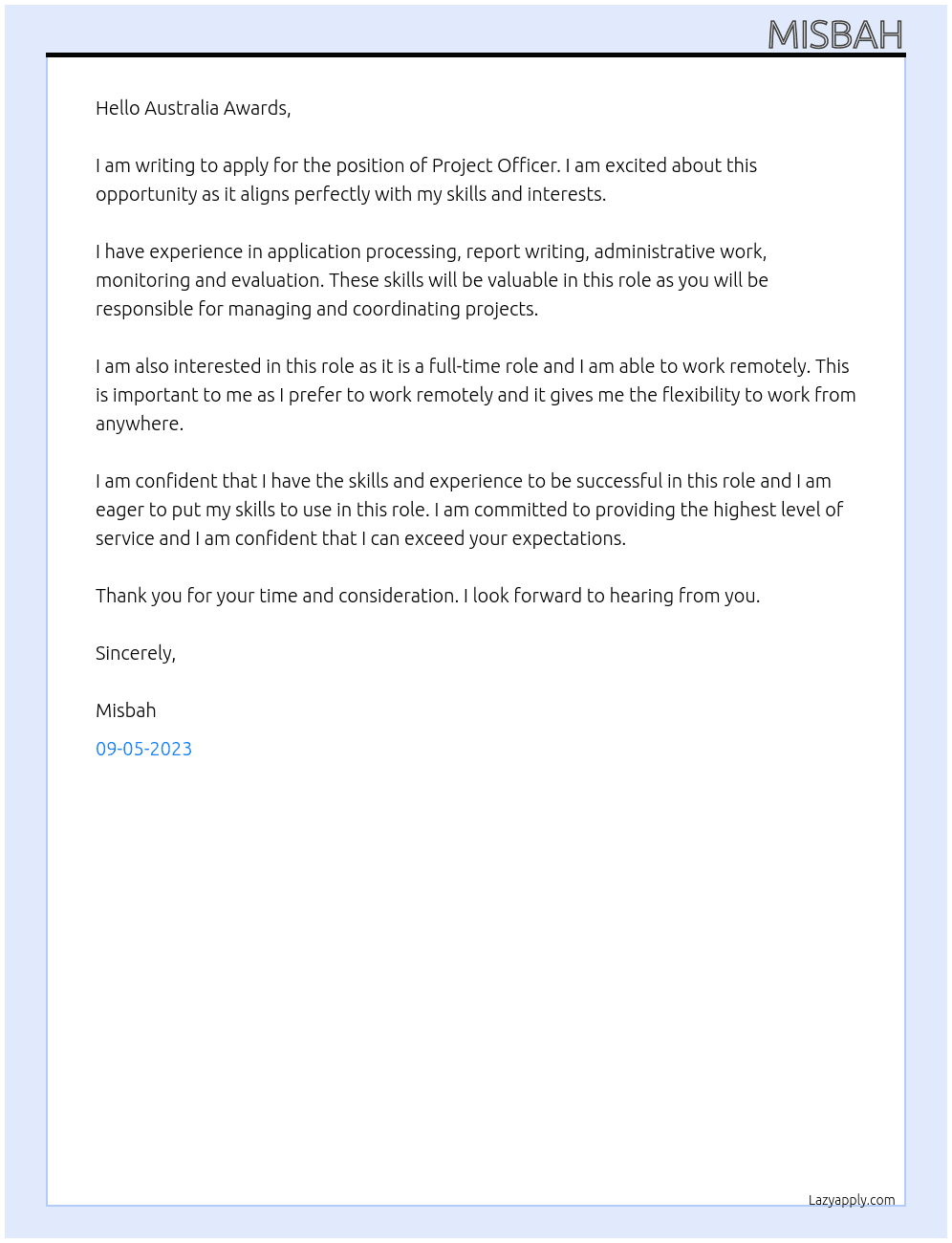 Project officer At Australia Awards Cover Letter