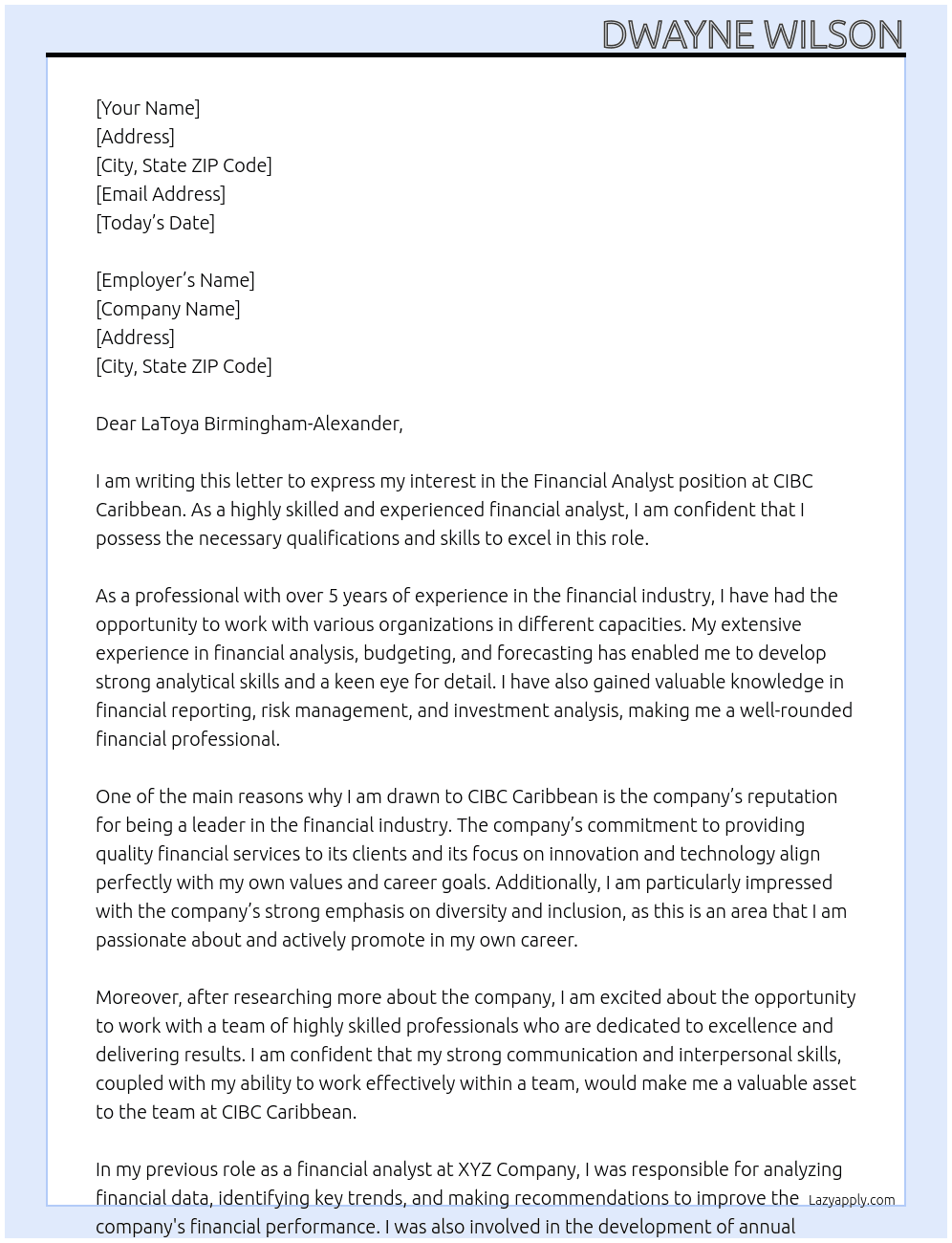 FInancial Analyst At CIBC Caribbean Cover Letter