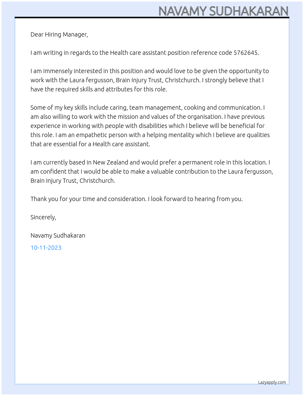 Health care assistant reference code 5762645 At Laura fergusson, Brain Injury Trust, Christchurch Cover Letter
