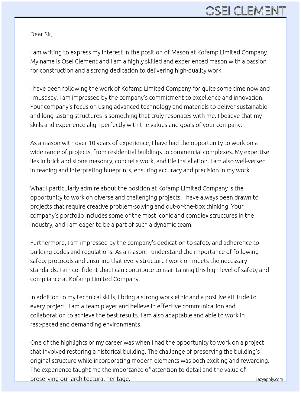 Mason  At Kofamp Limited Company  Cover Letter